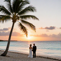 Caribbean Holidays, November Weddings, A newlywed couple enjoying a peaceful sunset on a Cayman Islands beach, with palm trees and calm turquoise sea