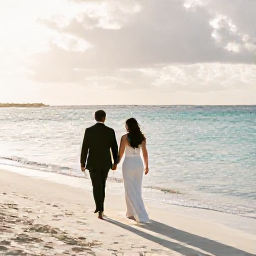 Caribbean Holidays, November Weddings, A newlywed couple walking along Seven Mile Beach in the Cayman Islands at golden hour, with calm turquoise water and soft November light