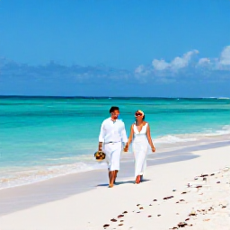 Caribbean Holidays, November Weddings, A newlywed couple walking hand in hand along a quiet Caribbean beach in November sunshine, with turquoise water and soft white sand