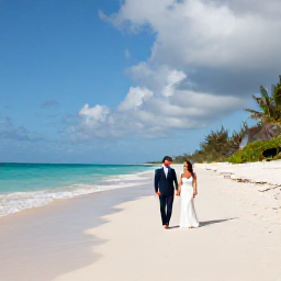 Caribbean Holidays, November Weddings, A newlywed couple walking hand in hand along a quiet white-sand beach in The Bahamas beneath a bright November sky