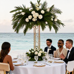 Caribbean Holidays, November Weddings, A stylish Cayman Islands wedding reception on a terrace overlooking the sea, with tropical table decorations and guests dining outdoors