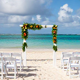 Caribbean Holidays, November Weddings, An elegant beachfront wedding ceremony in The Bahamas with white chairs, tropical flowers and turquoise sea