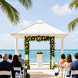 Caribbean Holidays, November Weddings, An elegant Caribbean wedding ceremony beneath a simple white gazebo beside a calm turquoise sea, with tropical flowers and guests seated in the shade