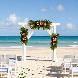 Caribbean Holidays, November Weddings, An elegant outdoor wedding ceremony beneath a simple white arch on a Dominican Republic beach, decorated with tropical flowers and chairs facing the sea