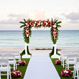 Caribbean Holidays, November Weddings, An elegant seaside wedding ceremony in Sint Maarten, with white chairs, tropical flowers and a calm blue sea in the background