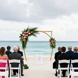 Caribbean Holidays, November Weddings, An intimate beach wedding ceremony in Grand Cayman with white chairs, tropical flowers and the Caribbean Sea beyond