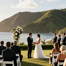 Caribbean Holidays, November Weddings, An intimate outdoor wedding ceremony overlooking Montserrat&rsquo;s coastline and green hills in warm late-afternoon light