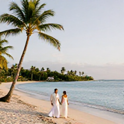 Caribbean Holidays, November Weddings, Bride and groom walking along a quiet sandy beach on Saint Kitts at golden hour, with palm trees and calm turquoise sea