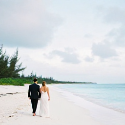 Caribbean Holidays, November Weddings, Bride and groom walking along a quiet white-sand beach in Turks and Caicos beneath a soft November sky