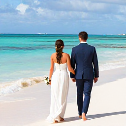 Caribbean Holidays, November Weddings, Bride and groom walking barefoot along a sunny Aruba beach in November, with turquoise sea and soft trade winds