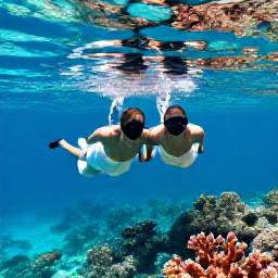 Caribbean Holidays, November Weddings, Couple snorkelling over a bright coral reef near Providenciales after their November wedding