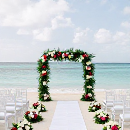 Caribbean Holidays, November Weddings, Elegant beach wedding ceremony in Aruba with white chairs, tropical flowers and a calm turquoise ocean