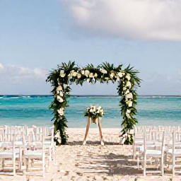 Caribbean Holidays, November Weddings, Elegant beach wedding ceremony in Saint Barth&eacute;lemy with white chairs, tropical greenery and turquoise sea