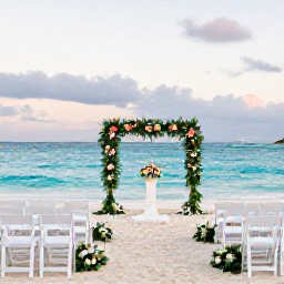 Caribbean Holidays, November Weddings, Elegant beach wedding ceremony in St Thomas with white chairs, tropical flowers, turquoise Caribbean sea and a soft afternoon sky