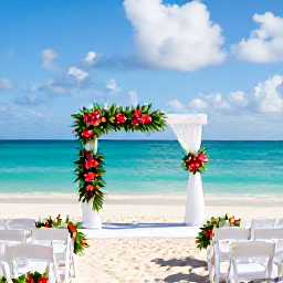 Caribbean Holidays, November Weddings, Elegant beachfront wedding ceremony in Providenciales with white chairs, tropical flowers and turquoise sea