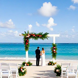 Caribbean Holidays, November Weddings, Elegant beachfront wedding ceremony on Saint Kitts with white chairs, tropical flowers and the Caribbean Sea behind the couple