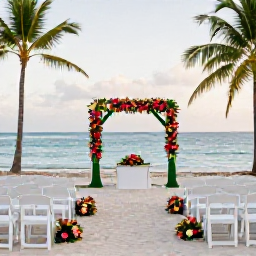 Caribbean Holidays, November Weddings, Elegant seaside wedding ceremony on a Trinidad beach, white chairs, tropical flowers, palm trees and calm blue water