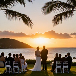 Caribbean Holidays, November Weddings, Happy newlyweds enjoying a sunset reception overlooking the Caribbean Sea in the British Virgin Islands, with tropical foliage and warm evening light