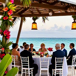 Caribbean Holidays, November Weddings, Happy wedding guests enjoying a relaxed beach reception in Turks and Caicos with lanterns, tropical flowers and ocean views