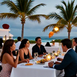 Caribbean Holidays, November Weddings, Happy wedding guests enjoying a relaxed outdoor reception in Aruba, with tropical food, lanterns and palm trees