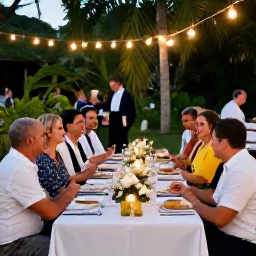 Caribbean Holidays, November Weddings, Happy wedding guests enjoying a relaxed outdoor reception in Tobago, tropical greenery, decorated tables and warm evening light