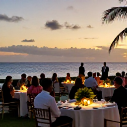 Caribbean Holidays, November Weddings, Happy wedding guests sharing a sunset reception beside the Caribbean Sea, with simple tables, tropical greenery and warm evening light