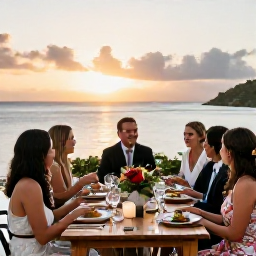 Caribbean Holidays, November Weddings, Happy wedding guests sharing dinner at an elegant open-air table overlooking the Saint Barth&eacute;lemy coastline at sunset
