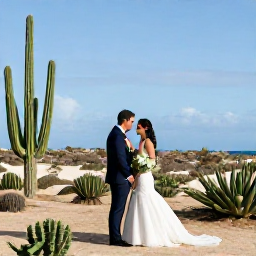 Caribbean Holidays, November Weddings, Newly married couple exploring Aruba after their beach wedding, with desert landscape, cactus and blue sky