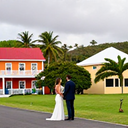 Caribbean Holidays, November Weddings, Newly married couple exploring Basseterre, Saint Kitts, with colourful historic buildings and tropical scenery