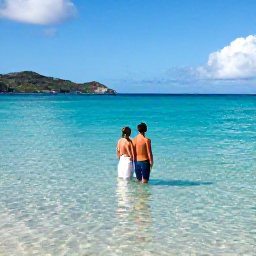 Caribbean Holidays, November Weddings, Newlywed couple snorkelling in clear turquoise water near a Caribbean beach in the United States Virgin Islands