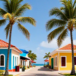 Caribbean Holidays, November Weddings, Newlyweds exploring a colourful Dominican Republic town near the coast, with palm trees, local architecture and bright Caribbean sunshine