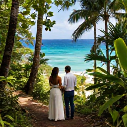 Caribbean Holidays, November Weddings, Newlyweds exploring a Tobago rainforest trail and viewing a bright Caribbean bay, lush vegetation and relaxed holiday atmosphere