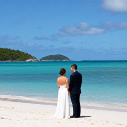 Caribbean Holidays, November Weddings, Newlyweds on a quiet white-sand beach in the British Virgin Islands in November, with calm turquoise water and green hills in the distance