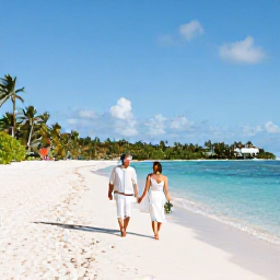 Caribbean Holidays, November Weddings, Newlyweds walking along a sunny white-sand beach in the United States Virgin Islands, with turquoise water and gentle palms