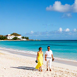 Caribbean Holidays, November Weddings, Newlyweds walking beside a beautiful beach in Saint Barth&eacute;lemy beneath a clear November sky