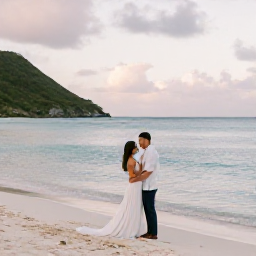 Caribbean Holidays, November Weddings, Romantic newlywed portrait on a quiet Saint Barth&eacute;lemy beach with soft evening light and calm turquoise water