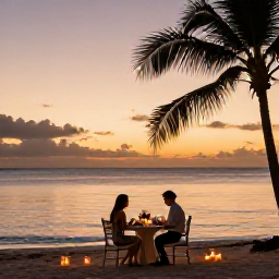 Caribbean Holidays, November Weddings, Romantic sunset dinner for two on a Saint Kitts beach, with candles, palm silhouettes and calm Caribbean waters