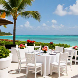 Caribbean Holidays, November Weddings, Sunny November wedding reception on a Saint Kitts terrace with tropical flowers, dinner tables and views over the sea