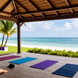 Caribbean Holidays, November Wellness, Caribbean wellness retreat with an open-air yoga deck overlooking a tropical beach and calm sea