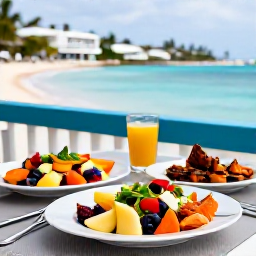 Caribbean Holidays, November Wellness, Healthy Caribbean lunch with fresh fruit, colourful salad and grilled seafood at a waterside restaurant in Saint Martin