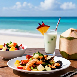 Caribbean Holidays, November Wellness, Healthy Caribbean lunch with fresh seafood, colourful salad, tropical fruit and coconut water at an outdoor table overlooking the sea