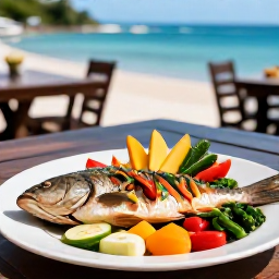Caribbean Holidays, November Wellness, Healthy Caribbean meal with fresh fish, colourful vegetables and tropical fruit served at a relaxed seaside restaurant in Saint Vincent and the Grenadines