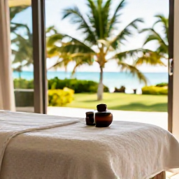Caribbean Holidays, November Wellness, Luxury spa treatment in a bright tropical resort in Providenciales, natural textures, soft towels, palms visible through open windows