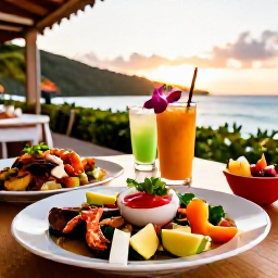 Caribbean Holidays, November Wellness, Outdoor Caribbean restaurant in the United States Virgin Islands serving fresh local seafood, tropical fruit and colourful healthy dishes at sunset