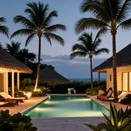 Caribbean Holidays, November Wellness, Peaceful Caribbean resort garden at dusk with palm trees, a softly lit pool and a couple relaxing