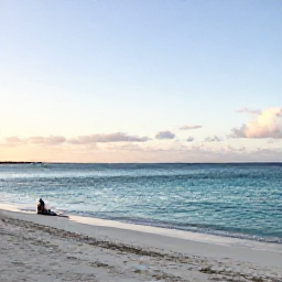 Caribbean Holidays, November Wellness, Peaceful white-sand beach at Grace Bay in Turks and Caicos, calm turquoise water, gentle morning light, a person relaxing near the shoreline