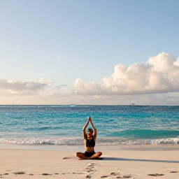 Caribbean Holidays, November Wellness, Person practising yoga on a quiet Turks and Caicos beach at sunrise, turquoise sea, pale sand, peaceful tropical setting