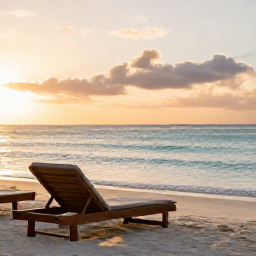 Caribbean Holidays, November Wellness, Quiet Caribbean beach at sunrise in November, soft golden light, calm turquoise water and a comfortable sun lounger