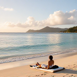 Caribbean Holidays, November Wellness, Quiet tropical beach in the United States Virgin Islands at sunrise, calm turquoise water, soft sand and a person enjoying a peaceful wellness holiday