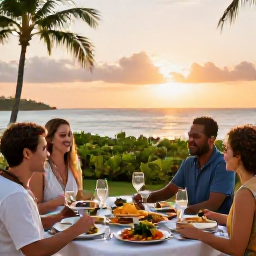 Caribbean Holidays, November Wellness, Relaxed Caribbean dinner at sunset with fresh local food, tropical setting and views across the sea